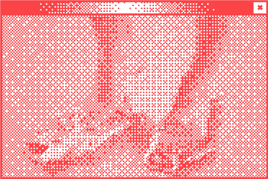 Weißes Browserfenster mit Pixelgrafik in der Mitte. Verschiedene Formen um einen Trichter herum