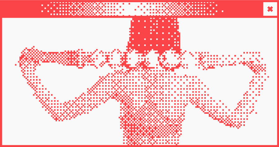 Weißes Browserfenster mit Pixelgrafik in der Mitte. Verschiedene Formen um einen Trichter herum