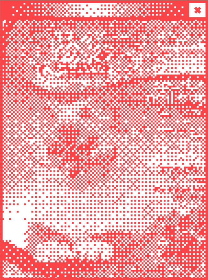 Weißes Browserfenster mit Pixelgrafik in der Mitte. Abbildung einer Vitrine mit Quader