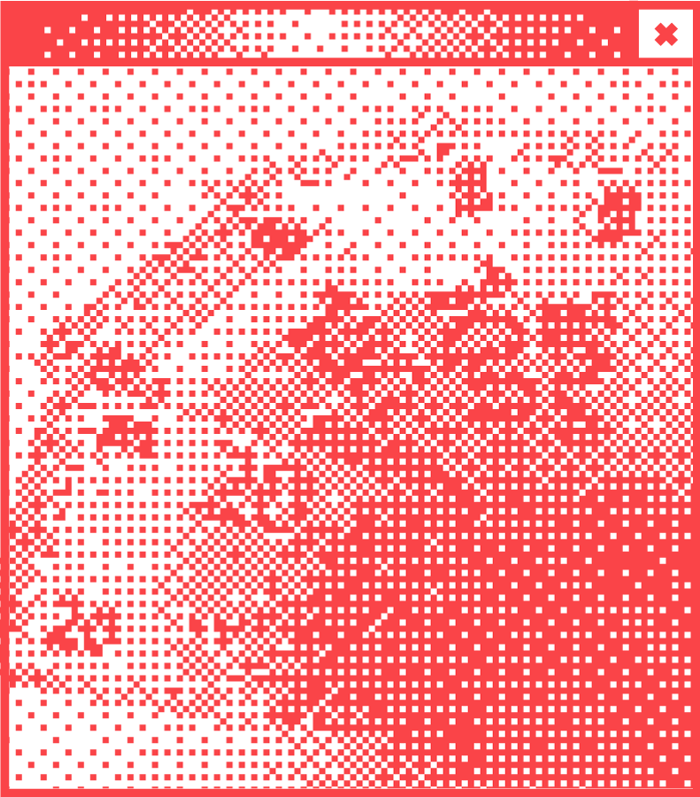 Weißes Browserfenster mit Pixelgrafik in der Mitte. Abbildung einer Vitrine mit Parallelogramm