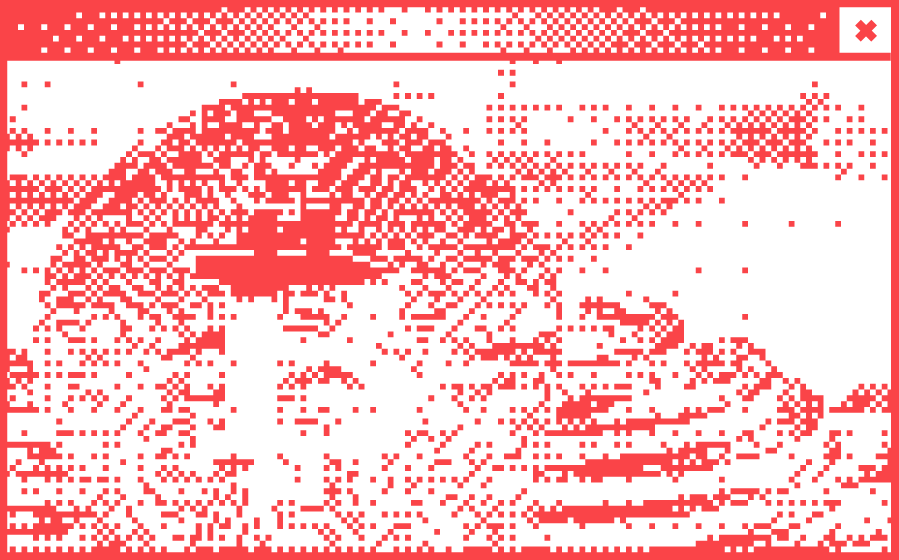 Weißes Browserfenster mit Pixelgrafik in der Mitte. Abbildung einer Vitrine mit Parallelogramm